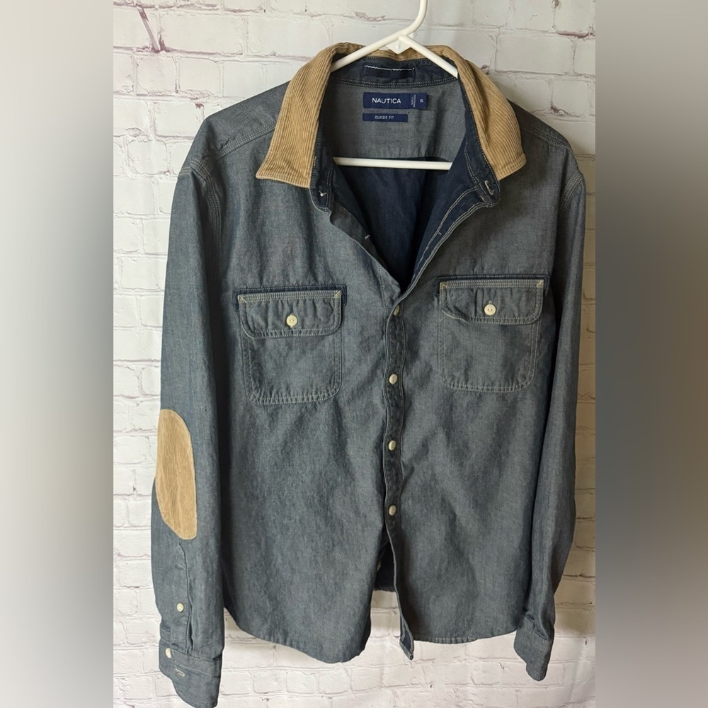Nautica Mens Denim Chambray Shirt Corduroy Collar Elbow Patches Workwear XL - Picture 2 of 7